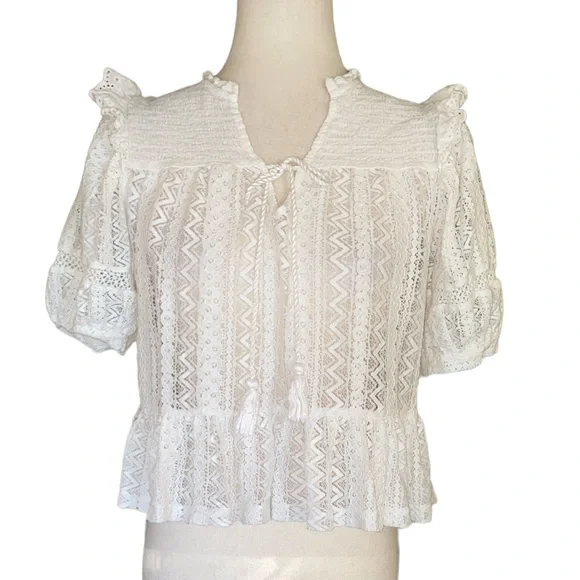 Mango MNG White Eyelet Lace Smocked Ruffle Tie Front Tassel Cropped Blouse - XS - Picture 2 of 9